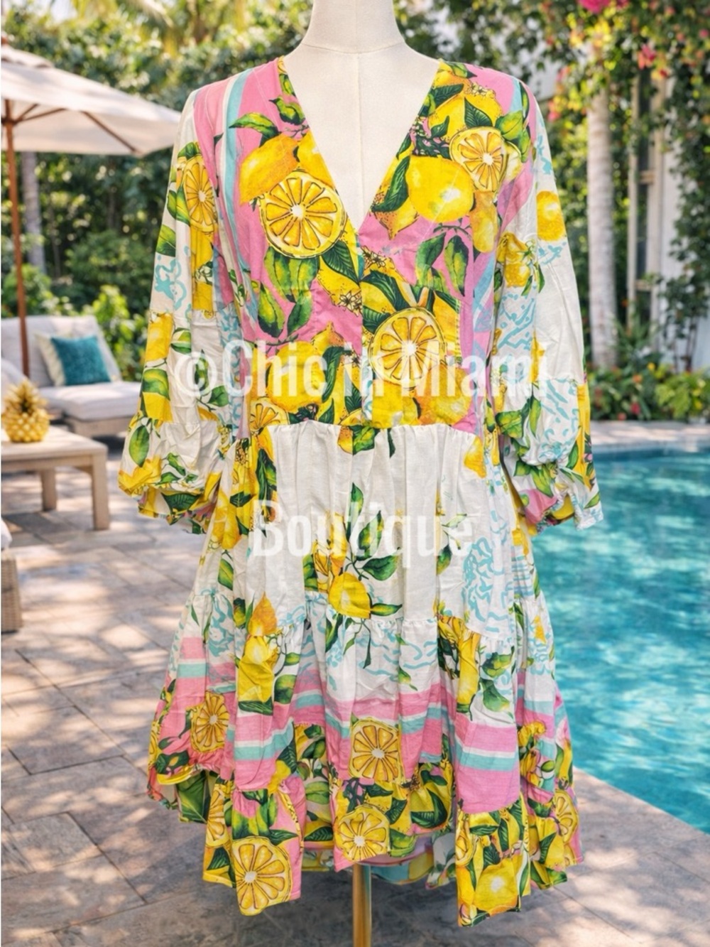 Antica Sartoria 2026 Lemon Print Mini Dress - OS - Yellow & Pink